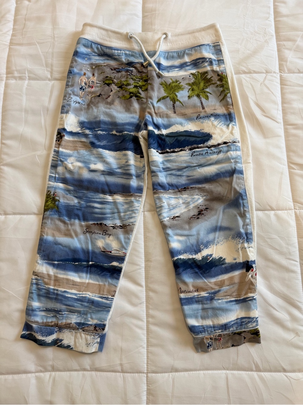 Nilla Shields Women’s Blue Beach-Print Sweat Cropped Drawstring Surf Pants